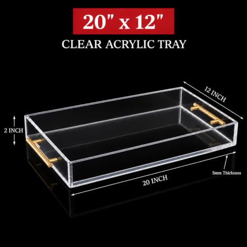 Clear Acrylic Tray 20x12” with Golden Metal Handles - Large Plastic Tray for Serving Guests, Countertop Organization, Ottoman Coffee Table & Vanity – Modern Decorative Tray for Home & Office - color: Golden Handles - Transparent, size: 20" x 12" x 2"