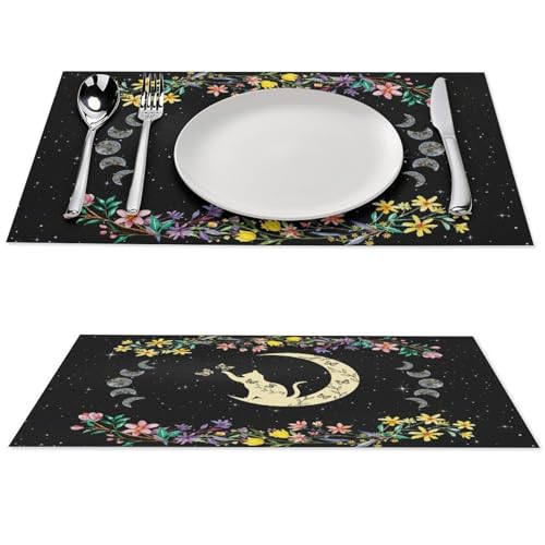 Boho Floral Placemats Set of 4, 12x18 Inch Witchy Moon Tarot Phase Gothic Cat Wild Flower Seasonal Bohemia Mystical Holiday Farmhouse Coffee Table Mats for Party Kitchen Dining Decoration - color: Pm-floral Moon03, size: 4pcs