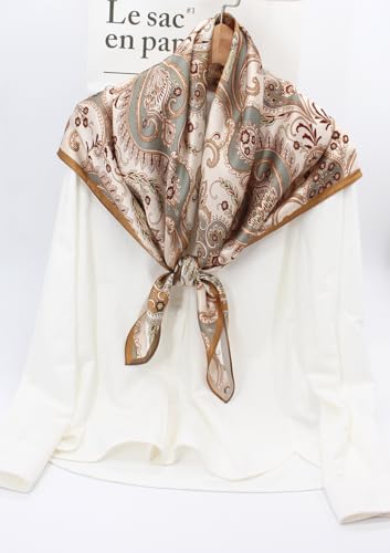 ANDANTINO 100% Mulberry Silk Scarf -Women 35" Square Hair Wraps-Gift Packed - color: Floral-light Brown