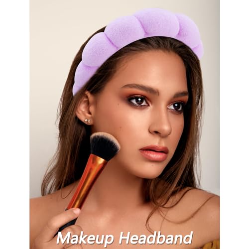 VELSCRUN Spa Headbands for Wash Face, Makeup Headband, Facial Skincare Headbands, 5 Pcs Purple Colourful Puffy Sponge Spa Headband Bow Tie Hair Band Hair Clips Wristband Set Women Girls Accessories - color: Purple Colourful