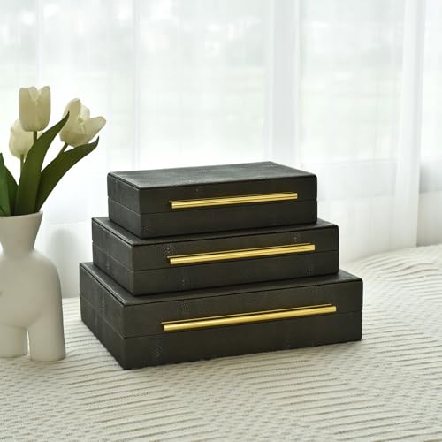 DECOR4SEASON Faux Shagreen Decorative Stackable Storage Boxes – Set of 3 - color: Grey, size: L