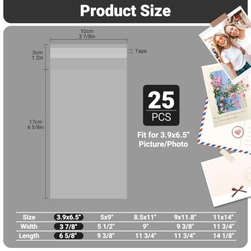 25 Pack Archival Photo Sleeves 3.9x6.5" - Acid Free Crystal Clear Plastic Bags Self Adhesive, Clear Paper Sleeves Protector, Plastic Covers for Paper Photo Prints Cardstock - size: 3.9x6.5"