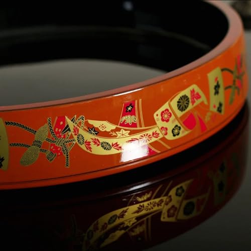 Red with Traditional Art Sushi Serving Tray - Round Sashimi Platter & Seafood Dish, Japanese Lacquered Plastic Tray for Weddings, Parties, BBQs, & Events with Ice Compartment - Small (9.36 Inch) - size: 9.4"