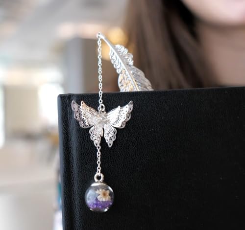 Toirxarn Metal Feather Bookmark, Back to School Teacher Gift for Women - color: Feather Silver - Purple Crystal With White Flower