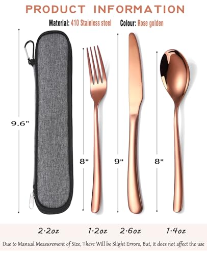 MURRI&MURRDI Travel Stainless Steel Cutlery Set for 1, Reusable Flatware Set with Case, Camping Silverware Set for Work, Knife Fork Spoon Utensil Set 3 Piece (Rose Gold) - color: Rose Gold