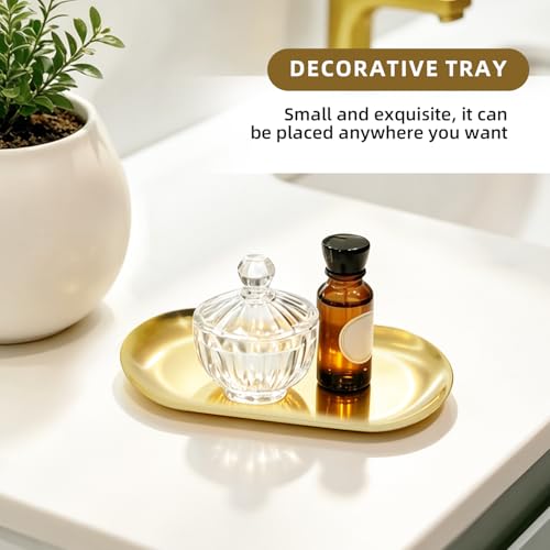2 Pcs 7" Stainless Steel Decorative Tray Oval Jewelry Dish Cosmetics Organizer Bathroom Vanity Serving Platter Small Storage Trinket Ring Holder for Perfume Candle Key (Gold) - color: Gold