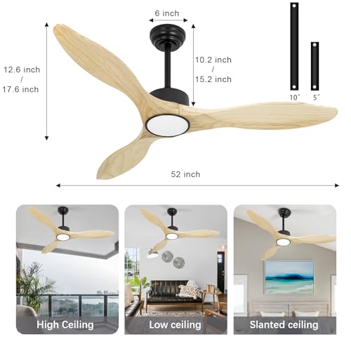 52 inch Natural Wood Ceiling Fans with Lights and Remote - color: Natural wood ceiling fan - pointed