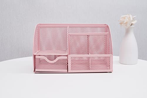 Annova Mesh Desk Organizer Office with 7 Compartments + Drawer/Desk Tidy Candy/Pen Holder/Multifunctional Organizer (Light Pink) - color: Light Pink