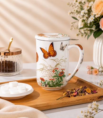 AmorArc Tea Cup With Infuser and Lid, 18oz Loose Leaf Tea Mug With Steeper - color: Butterfly