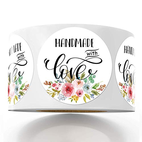 Floral Handmade Stickers, 1.4 Inch Round, 500 Labels per Roll (1 Roll), Adhesive Labels