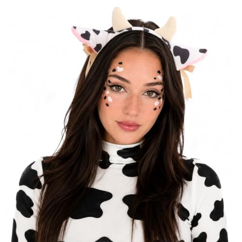 Cow Ears Cow Headband with Golden Bells Ribbon Bows Horns - color: Cow