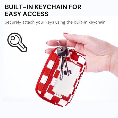 Keychain Wallet for Women with Clear ID Window, Coin Pouch and Wrist Strap - color: Red Checkerboard