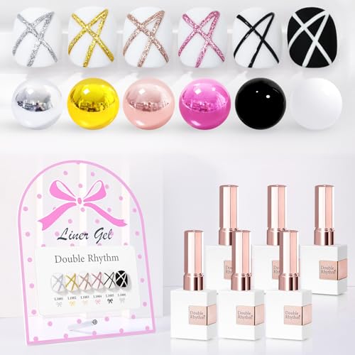 Double Rhythm 6 Pcs 15 ML Gel Liner Polish Nail Art Set Chrome Metallic Glitter Soak Off Gel Polish Kit Nail Art Manicure Salon DIY at Home for Women (Gold Silver Black White-T6-52) - color: Liner Rose Gold Silver