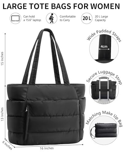 Bagstellar Puffer Tote Bag for Women, Lightweight Puffy Travel Gym Work Bag - color: Black