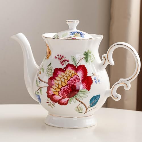 European Style Ceramic Flower Teapot Coffee Pot Water Pot Porcelain Gift Large 5.5 Cups (1, Blue and Red) - color: Blue and Red