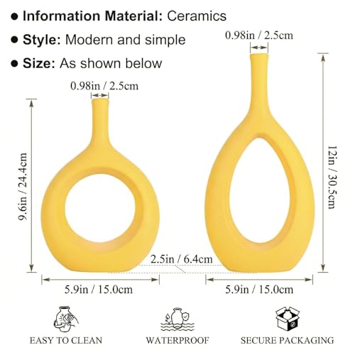 Yellow Ceramic Hollow Elliptical Vase Set of 2 - Boho Circle Vase with Hole, for Modern Yellow Table Decor, Living Room Decor Shelf mid Century Modern Home Entrance Decorative vase - color: Yellow
