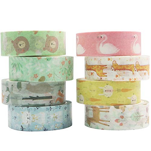 YUBBAEX Little Zoo Washi Tape Set, 8 Rolls Animals Decorative Masking Tapes for Journal,Scrapbook, Planner, DIY Crafts