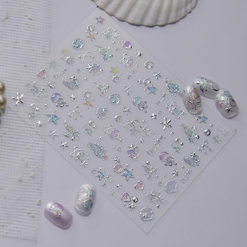 5D Embossed Under The Sea Stickers for Nail Art Jelly Fish Self-Adhesive Nail Art Decals for Women Nail Supplies Art Design Stickers (to5735) - style: to5735
