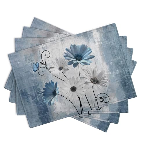 Daisy Placemats Set of 4 Blue Grey Rustic Vintage Floral Table Place Mats 12x18 Inch Seasonal Flower Spring Summer Linen Placemat for Party Kitchen Dining Outdoor Indoor Decor - color: Blue Grey Daisy