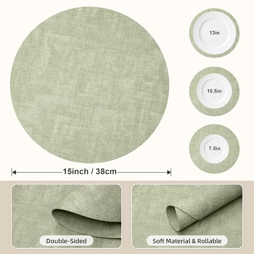 Placemats Set of 6, 15 Inch Round Faux Leather Place Mats - color: R-sage Green