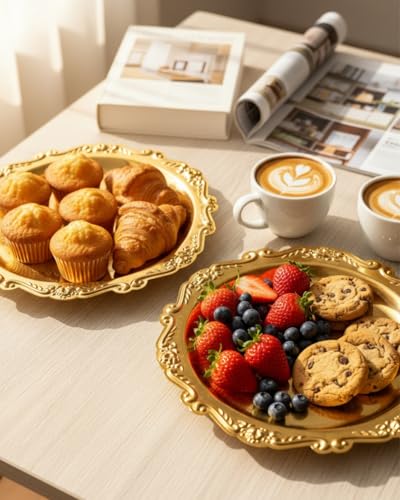 Gold Decorative Tray Set of 2, 10'' Round Vintage Metal Serving Tray, Medium Ornate Coffee Table Centerpiece, Vanity Tray for Perfume, Jewelry, Party Decor - color: Gold, size: 10''