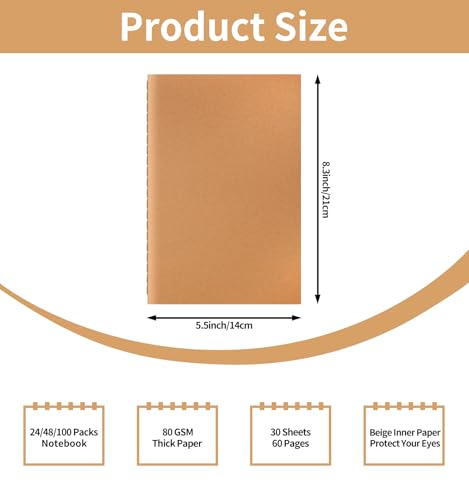 100 Pack A5 Blank Kraft Notebooks Bulk, Journaling Notebooks, Soft Cover Composition Notebook, 8.3x5.5 Inches 60 Pages Travel Journal Notebooks Set for Work, School, Student, Kids, Writing - color: Brown, style: Blank-100pack