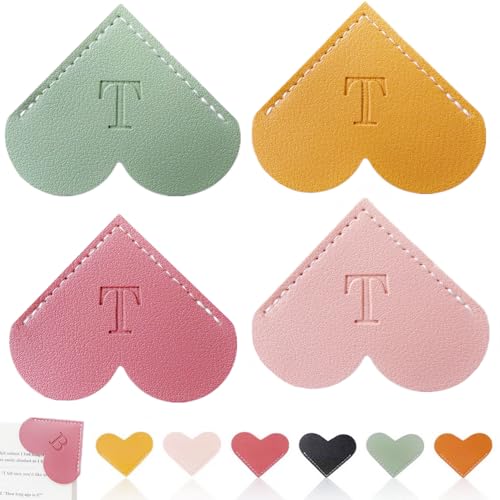 Personalized Leather Heart Bookmark, 26 Letters Customized Corner Book Mark for Reading Women, Book Marker with Initials，Cute Gifts (Light Pink+Deep Pink+Green+Light Brown, T) - color: Light Pink+deep Pink+green+light Brown, size: T