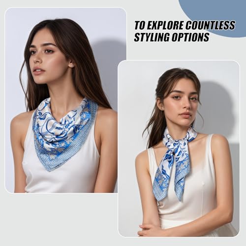 Seawhisper Premium Printed Satin Silk-Like Neck Scarf for Women Square 26" - color: Blue