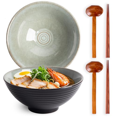40oz Japanese Ceramic Ramen Bowl Set of 2 with Chopsticks and Spoons for Pho Udon Asian Soup Noodles (Grayish Green) - color: Grayish Green