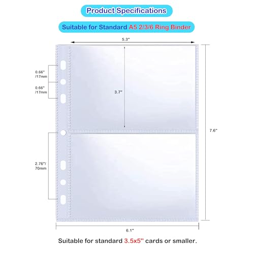 30 Pack 3.5x5 Card Sleeves Binder Sheets, 6/3 Ring A5 Binder Inserts, Ultra-Clear Double Sided 2 Pocket, Top Loading, for Trading Card, Photocard and Index Card - size: 3.5" x 5"（2 Pocket）