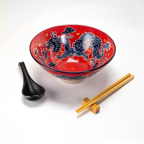 Urban Tokyo 24oz Large Ceramic Ramen Bowl Set with Chopsticks, Spoon & Bamboo Rest – Oriental Japanese Design, Microwave & Dishwasher Safe, Red Dragon - color: Red Dragon