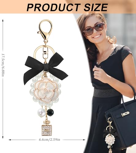 Camellia Flower Purse Charm Keychain with Bow and Pearl Accents - color: Whitee