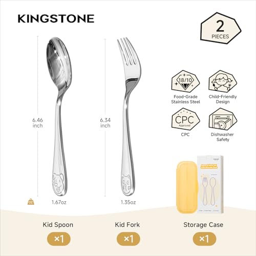 KINGSTONE 2 Pcs Kids Utensils with Case, 18/10 Stainless Steel, Cat & Dog - color: Cat & Dog, size: 2-Piece (Large)