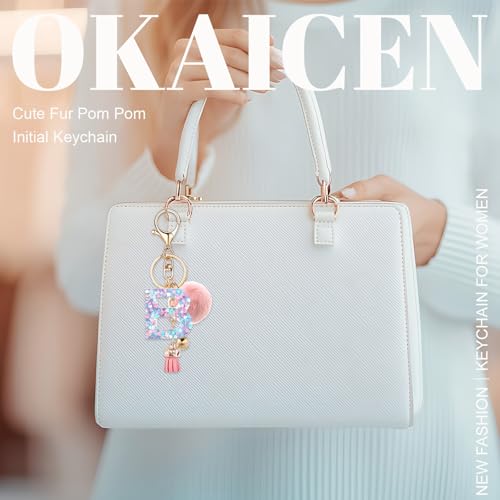 Resin Alphabet Initial Letter Keychain Keyring for Women Purse Handbags With Fur Ball Pom - color: Pink Fur Ball Letter B