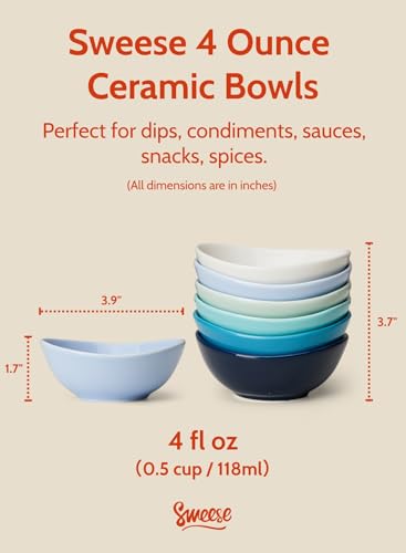 Sweese Porcelain Small Bowls 4 oz Set of 6 - Assorted Colors for Dipping, Snack, Sauce, Side Dishes - Microwave Dishwasher Safe - color: Shades of Blue, style: X-Small (4 oz)