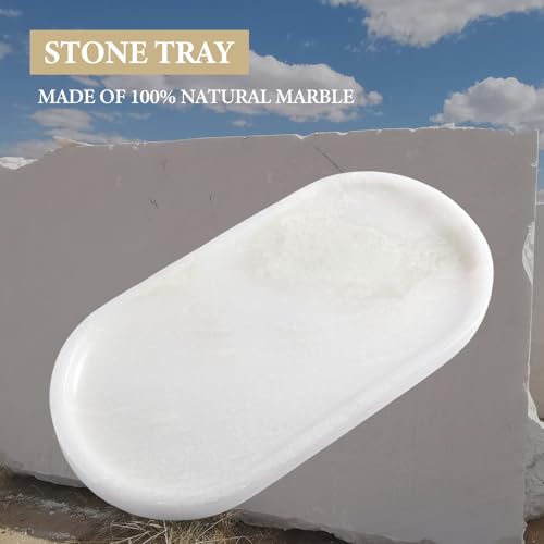 Koville African Natural White Marble Decorative Tray, 10" x 5" Marble Vanity Tray for Bathroom Countertop Organizer Stone Trays, Catchall Tray for Perfume, Candles, Jewelry (Namib Bianco White) - color: Namib Bianco White