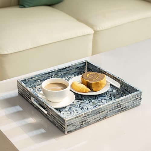 PEMAR Mother of Pearl Square Tray 12x12, Smoky Blue Herringbone Tray - color: Midnight Blue Herringbone