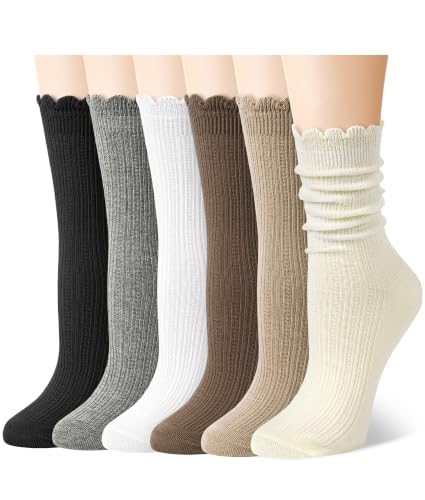 Justay 6 Pairs Ruffle Socks Women, Crew Cotton Frilly Boot Socks - color: Black Brown Coffee White Beige Grey