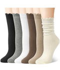 Justay 6 Pairs Ruffle Socks Women, Crew Cotton Frilly Boot Socks - color: Black Brown Coffee White Beige Grey