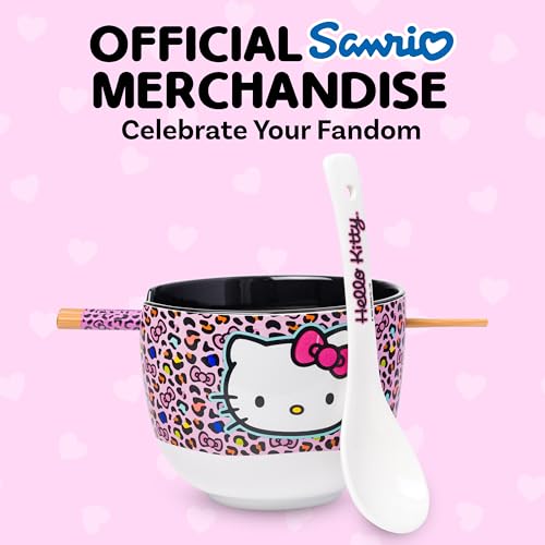 Silver Buffalo Sanrio Hello Kitty Leopard, Ramen Bowl with Chopsticks, 20oz - color: Hello Kitty Pink Leopard Print Spoon, size: 20 Ounces (With Spoon)