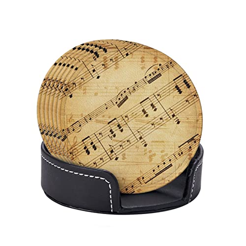 6 Pcs Leather Coasters for Drinks with Holder Retro Music Scores Coaster Sets Drink Table Cup Coasters for Kitchen Coffee Decor - color: Piano Music Score