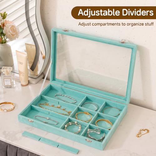 Frebeauty 12 Grid Bracelet Holder Box,Velvet Jewelry Tray with Clear Lid - color: Turquoise, size: 12 Grid