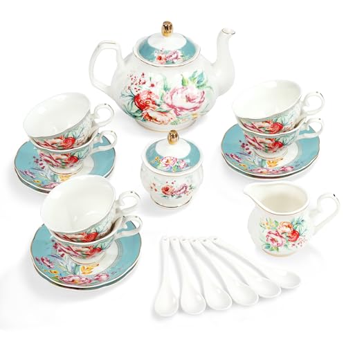 fanquare 21 Piece Vintage Green Floral Porcelain Tea Set for Adults - color: Peacock Blue