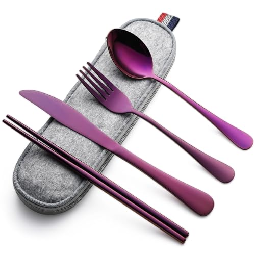 DEVICO Travel Utensils with Case, 5 Piece Portable Silverware Set for Work - color: Purple