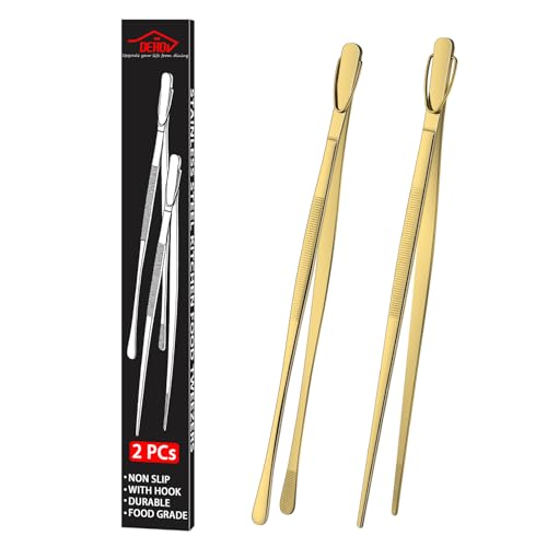 DEHOV 12 Inch Gold Stainless Steel Kitchen Tweezers For Cooking Tongs Set of 2, Metal Long Food Tweezers, BBQ Grill Tongs For Pasta - color: Gold