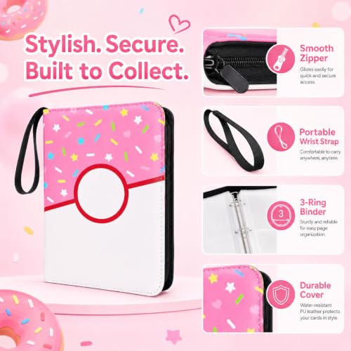 9 Pocket Card Binder 900 Card Holder Album, Pink Donut Trading Cards Holder Zipper Binder for Girl Teen Collection (Pink Donut, 900 Pocket) - color: Pink Donut, size: 900 Pocket