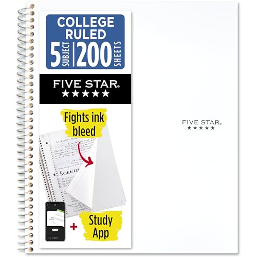 Five Star Spiral Notebook + Study App, 5 Subject, College Ruled Paper, 8-1/2" x 11", 200 Sheets, Fights Ink Bleed, Water Resistant Cover, White (72460) - color: White, size: 1 Count (Pack of 1)