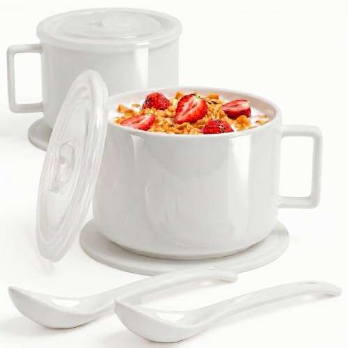 Ceramic Soup Bowls with Handles & Lids, Set of 2 with Spoons & Trivets, 30oz Large Soup Mugs, Oven Safe Bowls for Soup, Ramen, Oatmeal & Cereal, Microwave & Dishwasher Safe, White - color: White