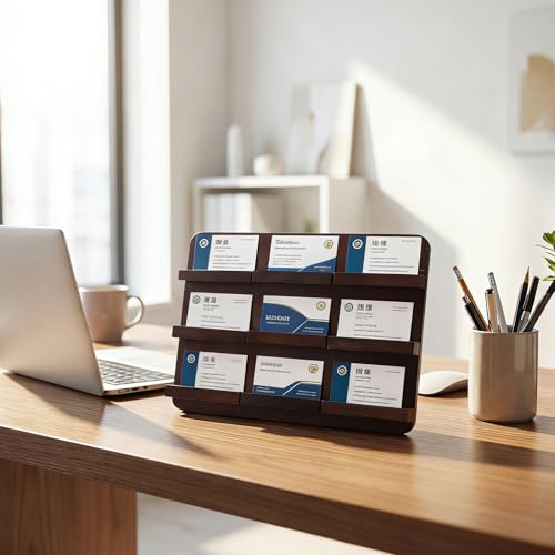 Leinuosen 3 Tier Wood Multiple Business Card Holder Desktop 9 Slot Business Card Holder for Desk Gift Postcard Display Rack Pamphlet Display Stand for Office Meeting Home (9.45 x 12.99 Inch) - size: 9.45 x 13 Inch, style: 9 Slot