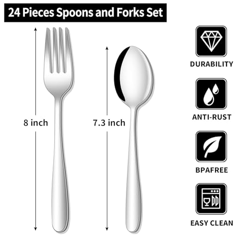 24-piece Forks and Spoons Silverware Set, Amafox Food Grade Stainless Steel Flatware Cutlery Set for Home, Kitchen and Restaurant, Mirror Polished Forks and Spoons Set for 12, Dishwasher Safe - color: Silver